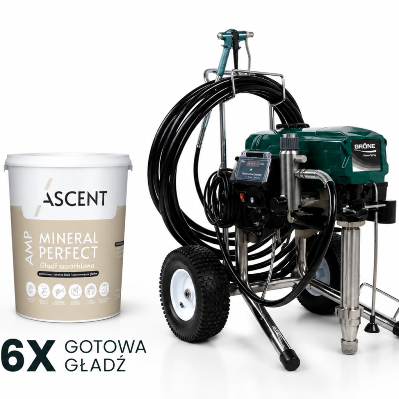 Agregat do gładzi Gröne PowerSpray 81 w zestawie z 6 wiadrami gładzi szpachlowej Ascent Mineral Perfect – profesjonalny zestaw do natrysku gładzi.