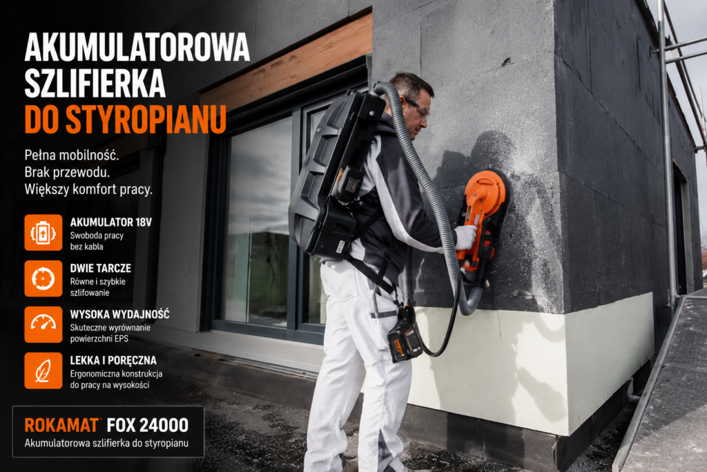 Akumulatorowa szlifierka do styropianu Rokamat FOX 24000 podczas szlifowania elewacji i wyrównywania płyt styropianowych EPS na budowie