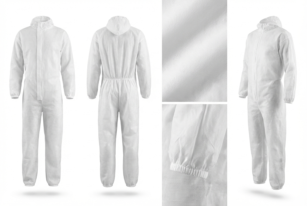 ubranie malarskie - Kombinezon malarski jednorazowy – widok z przodu i detale