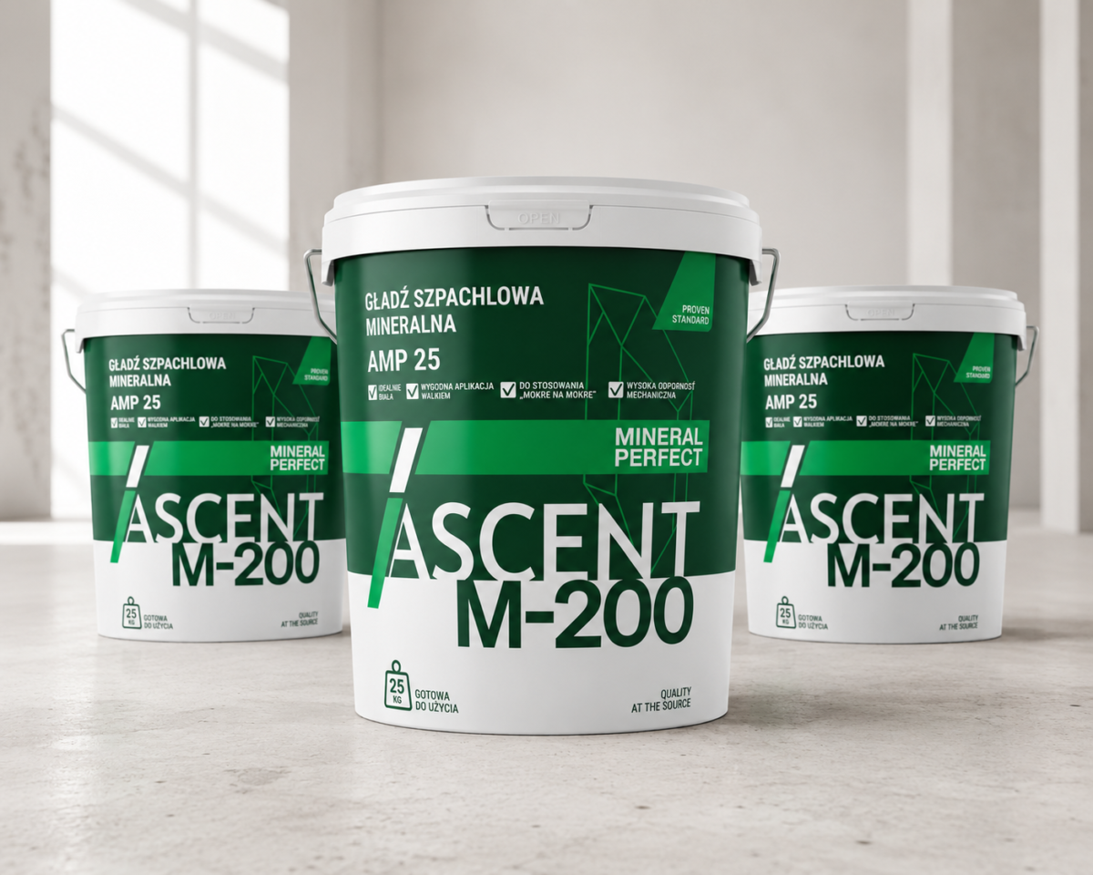 Gładź mineralna ASCENT M-200 25 kg – profesjonalna gotowa gładź szpachlowa do prac wykończeniowych