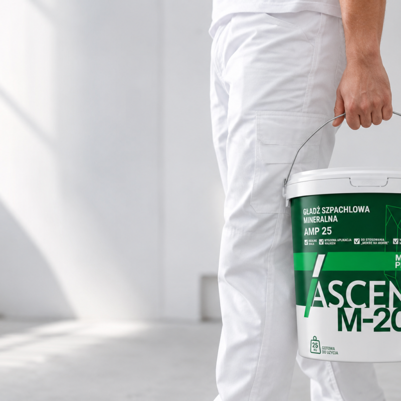 Wykonawca z wiadrem gładzi szpachlowej ASCENT M-200 Mineral Perfect 25 kg podczas prac wykończeniowych
