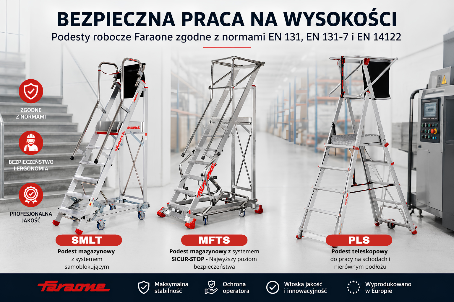 Bezpieczne podesty robocze Faraone PLS, SMLT i MFTS zgodne z normami EN 131, EN 131-7 oraz EN 14122 do pracy na wysokości