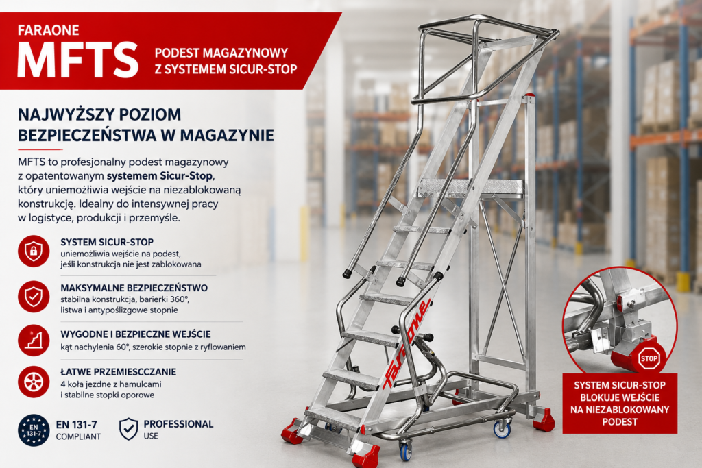 Profesjonalny podest magazynowy Faraone MFTS z systemem Sicur-Stop do intensywnej pracy na wysokości