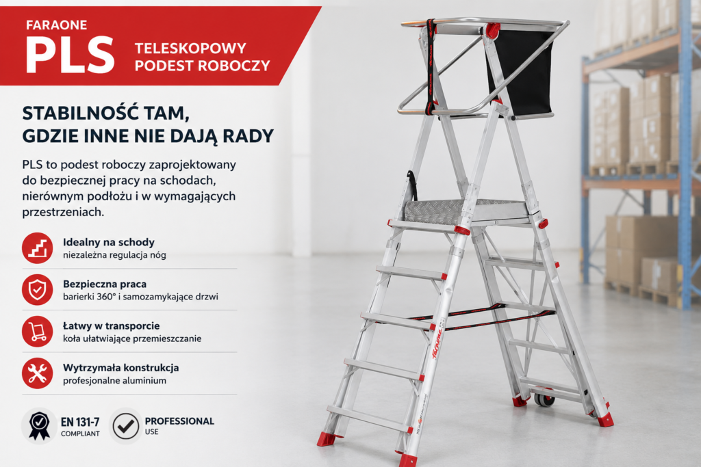 Teleskopowy podest roboczy Faraone PLS do pracy na schodach i nierównym podłożu zgodny z normą EN 131-7