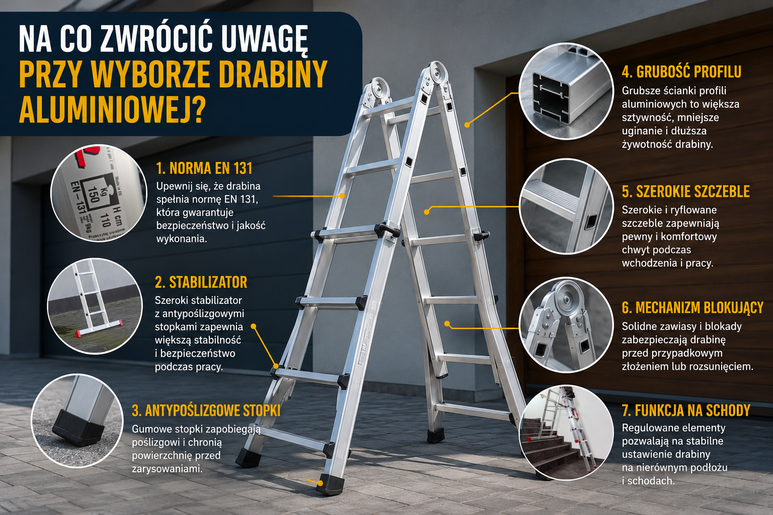 Najważniejsze elementy przy wyborze drabiny aluminiowej – norma EN 131, stabilizator, profil i bezpieczeństwo