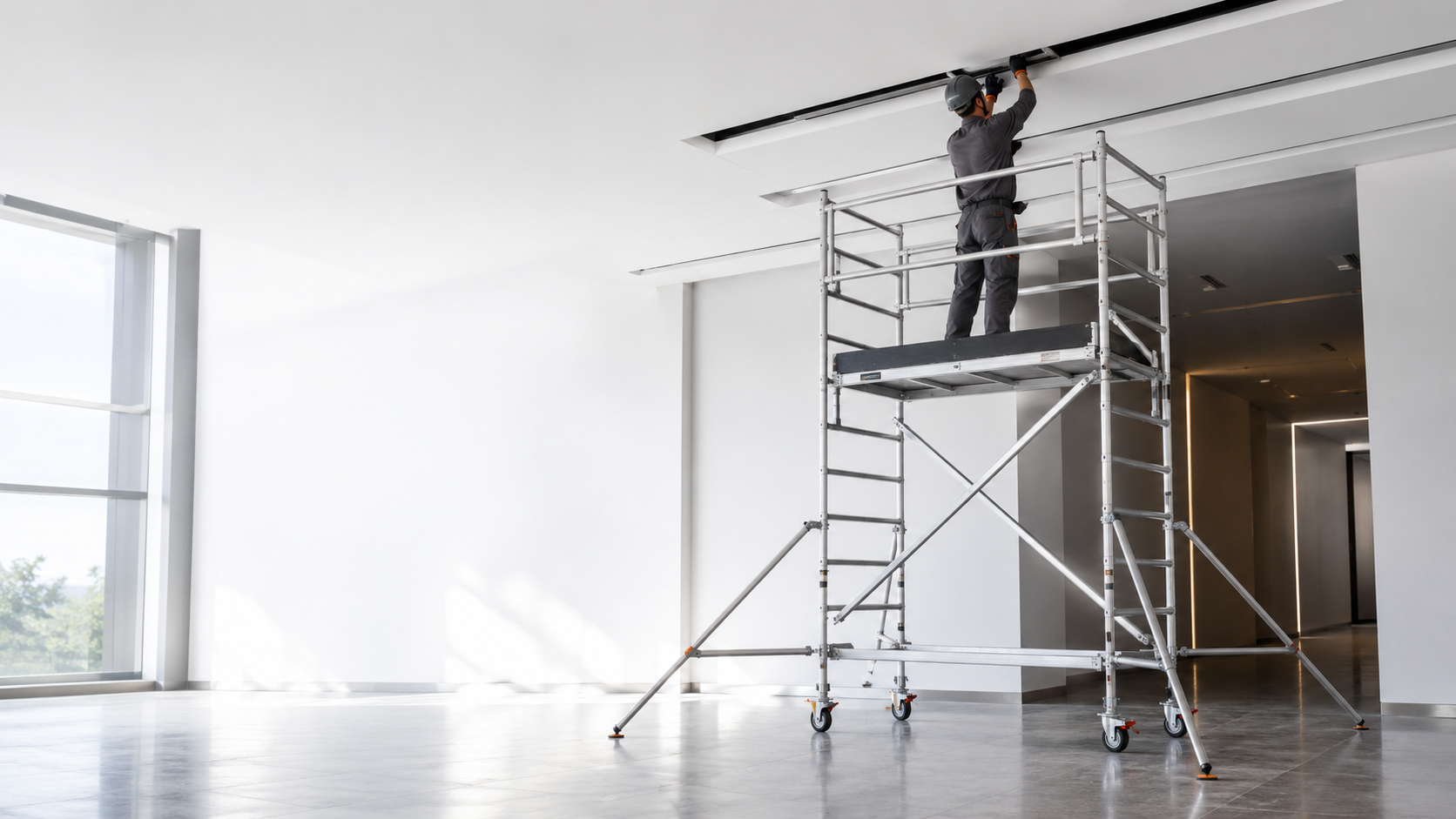 Aluminiowe rusztowanie jezdne podczas prac instalacyjnych w Warszawie